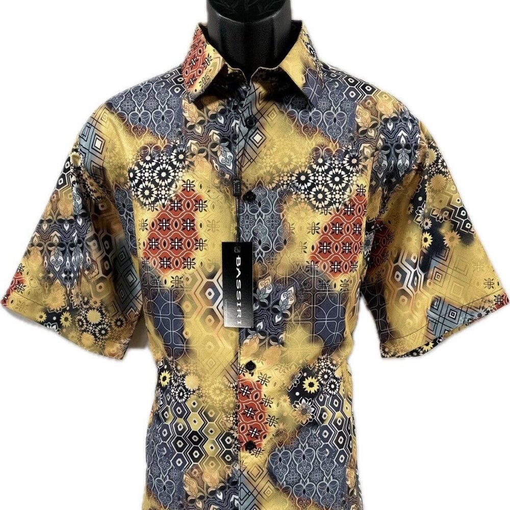 Bassiri Men's Casual Button-Down Shirt Yellow Charcoal Black Orange Short Sleeve